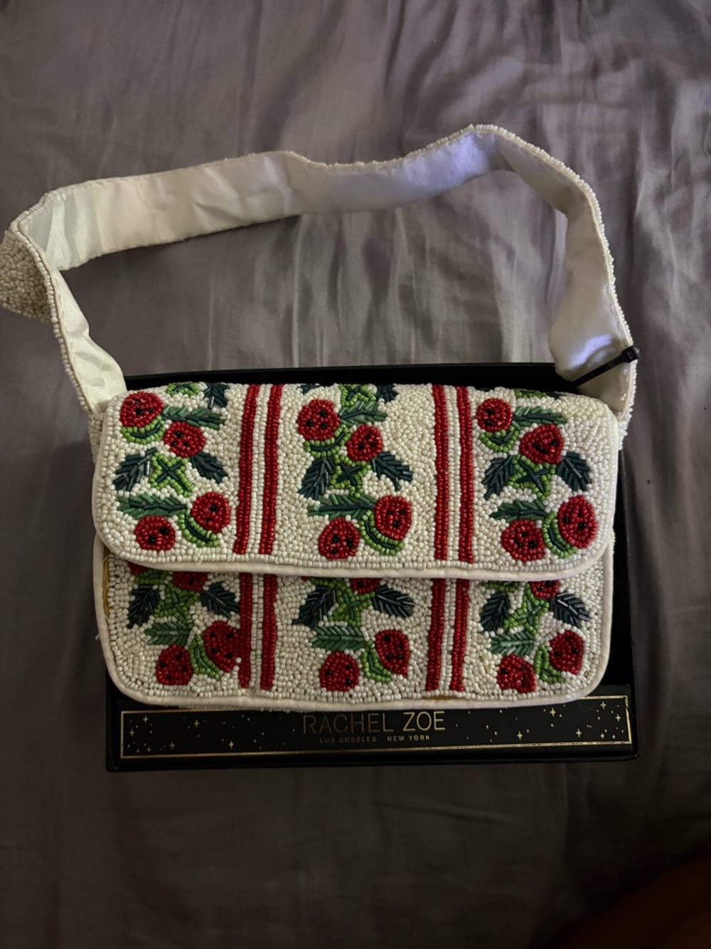 Rachel Zoe White Beaded Shoulder Bag with Red Rose Motif
